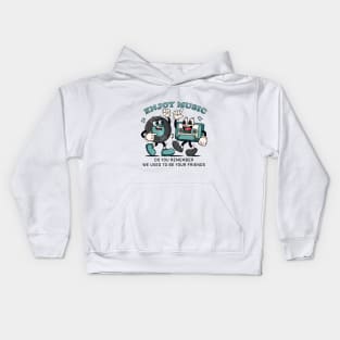 Enjoy the Music. Retro mascots of vinyl records and cassettes that dance to music Kids Hoodie